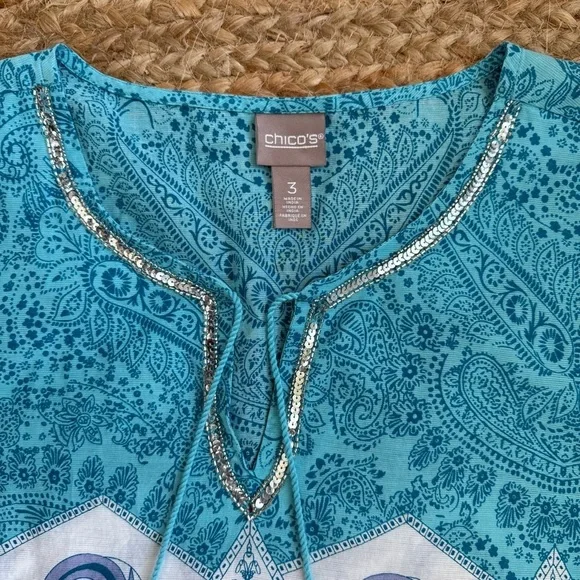 Chicos XL (Size 3) Blue Turquoise Tunic Top with Sequin Detail at Neckline - Picture 2 of 8